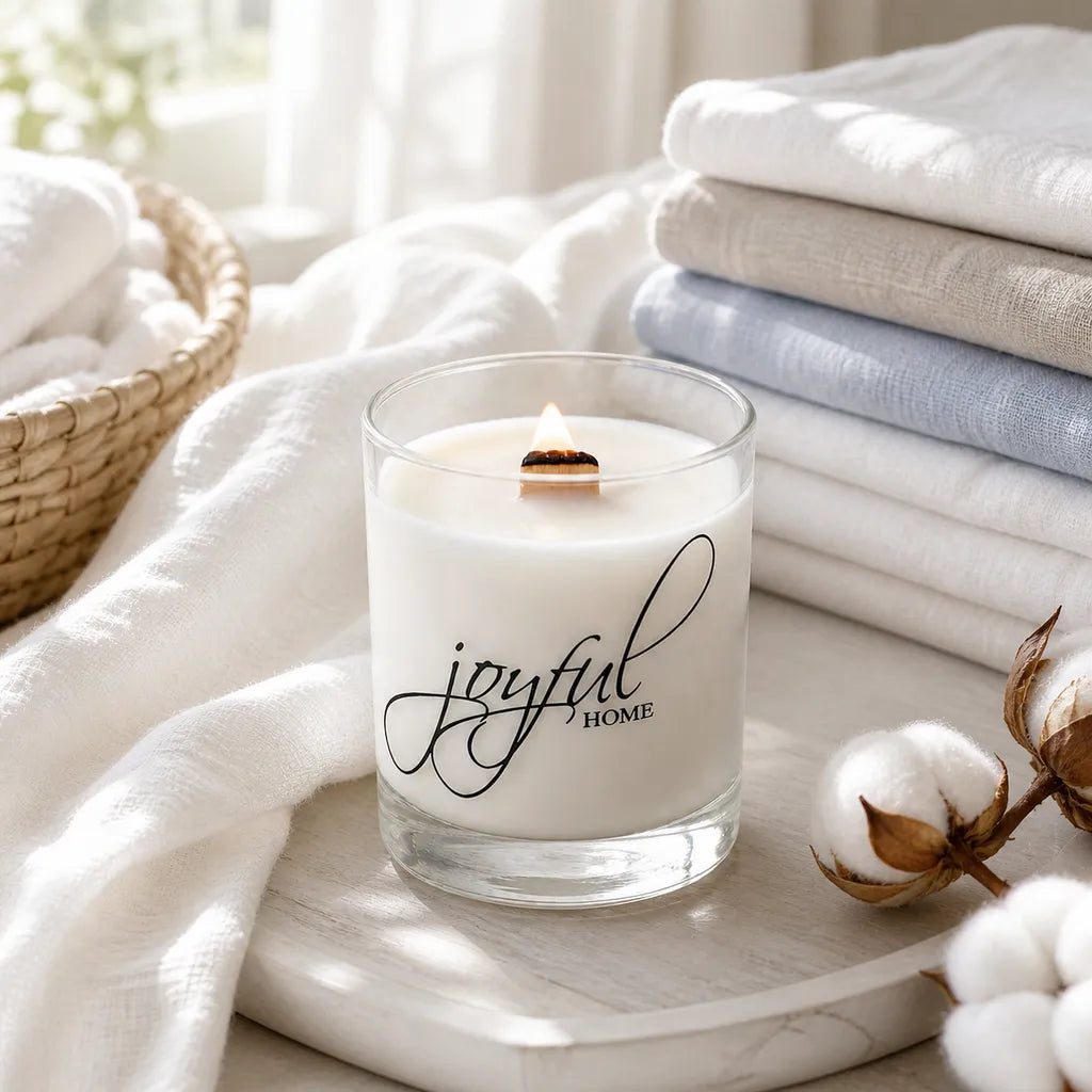Joyful Home Fresh Linen Crackling Wooden Wick Soy Wax Candle Joyful Home Fresh Linen Crackling Wooden Wick Soy Wax Candle