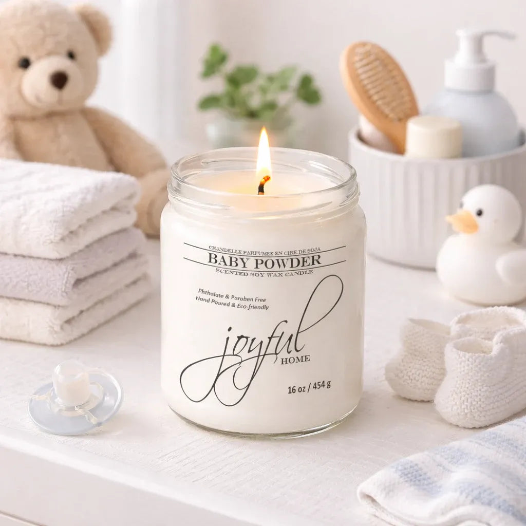 Joyful Home Baby Powder Soy Wax Candle 16oz Scene