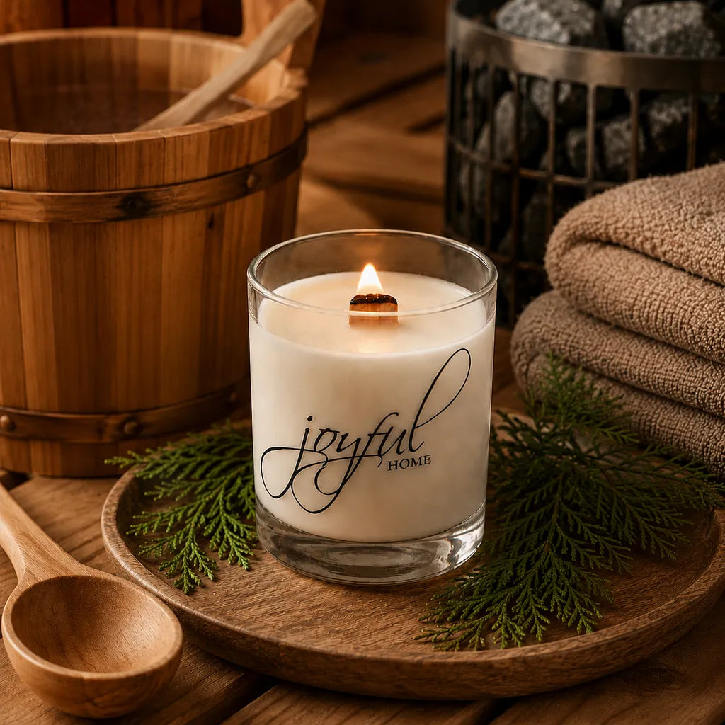 Joyful Home Cedar Sauna Crackling Wooden Wick Soy Wax Candle Scene