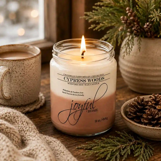 Joyful Home Cypress Woods Soy Wax Candle 16oz Scene