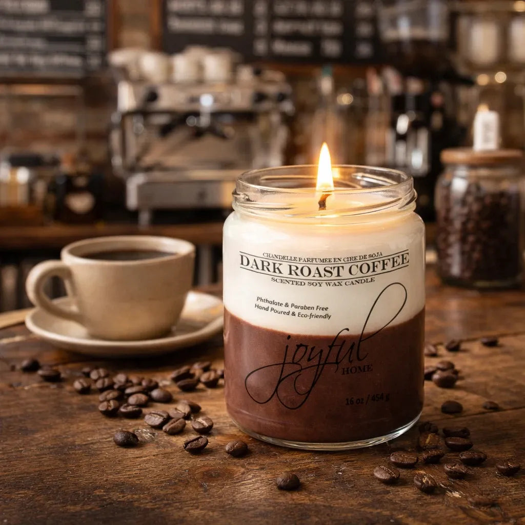 Joyful Home Dark Roast Coffee Soy Wax Candle 16oz 2 Scene