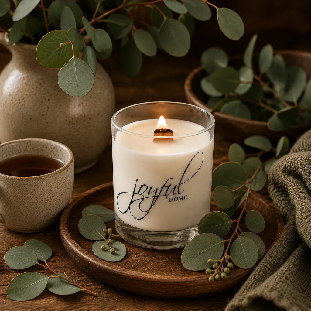 Joyful Home Eucalyptus Crackling Wooden Wick Soy Wax Candle Scene