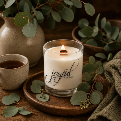 Joyful Home Eucalyptus Crackling Wooden Wick Soy Wax Candle Scene