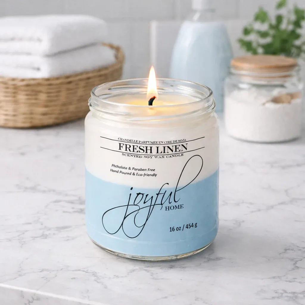 Joyful Home Fresh Linen Soy Wax Candle 16oz Scene