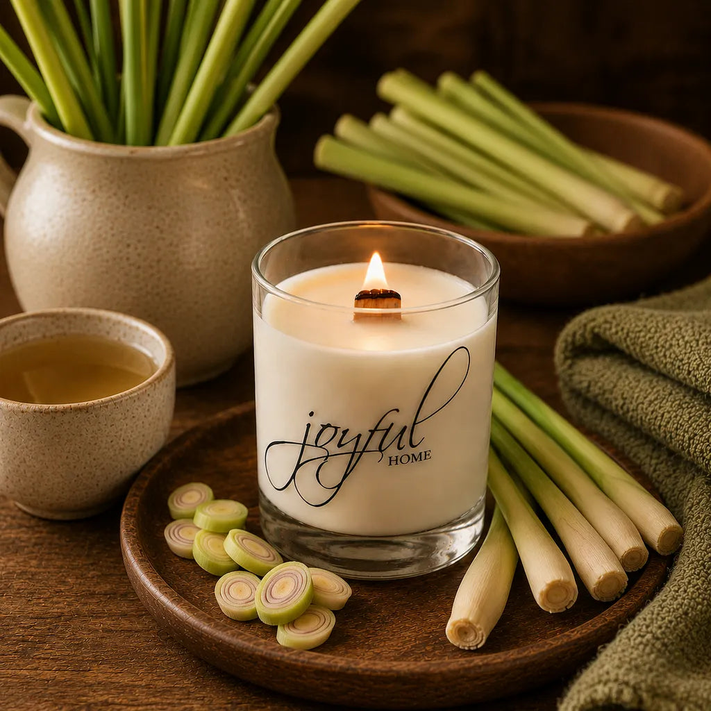 Joyful Home Lemongrass Crackling Wooden Wick Soy Wax Candle Scene