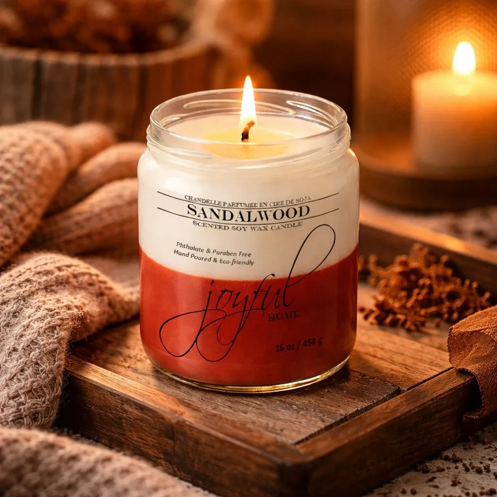 Joyful Home Sandalwood Soy Wax Candle 16oz 2 Scene